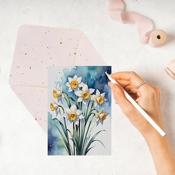 Blank Inside Greeting Card with Envelope, 5x7 Inch Watercolor Daffodil Greeting Card – Birthday, Thank You, Sympathy, All Occasion - Single Card