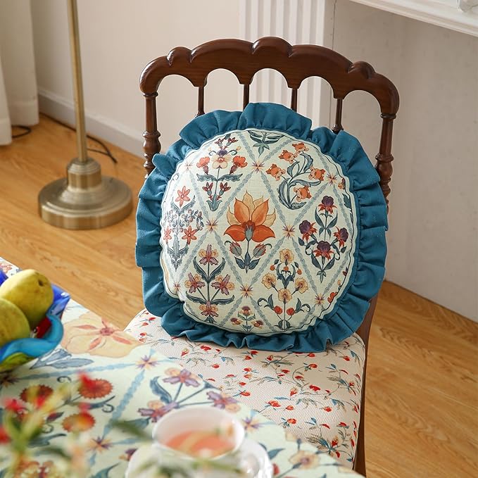 ISAENNE Design Linen Throw Pillow Covers Set of 4, Blue Country Cushion Covers with Colorful Wildflower Pattern Decor Lumbar Round Square Pillowcases for Bed,Living Room,Outdoor,Car