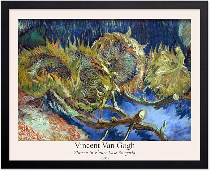 Monem Art Vintage Van Gogh Poster - Retro Blumen in Blauer Vase Anagoria Print - Sunflower Art - Impressionism Art - Fine Art - Classic Painting Art - Bedroom Wall Decor - 11x14 Black Framed