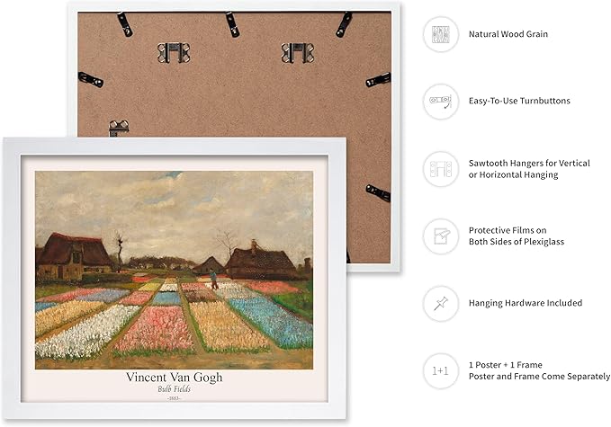 Monem Art Vintage Van Gogh Poster - Retro Bulb Fields Print - Flower Beds in Holland Art - Impressionism Art - Fine Art - Classic Painting Art - Great Bedroom Wall Decor - 16x20 White Framed