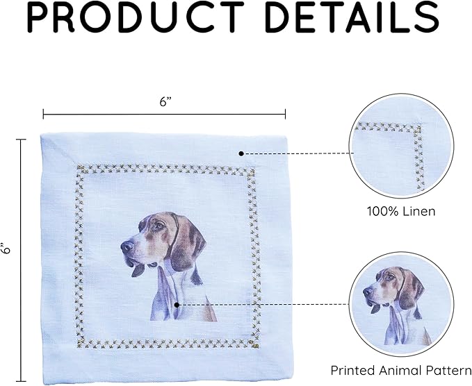 Cocktail Napkins Set of 6, 6x6 inch, 100% Linen, Printed Animal Pattern, Reusable & Washable Cloth Coasters for Beverages, Hosting, Gifting & Everyday Use (Dog)