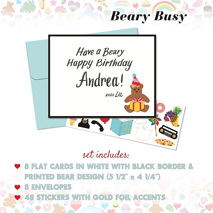 Mrs. Grossman's Design Your Own Sticker Notecards Card Making Kit - includes 8 Cards, Envelopes, and Classic Stickers - Create DIY Thank You, Birthday, Greeting Cards (Beary Busy)