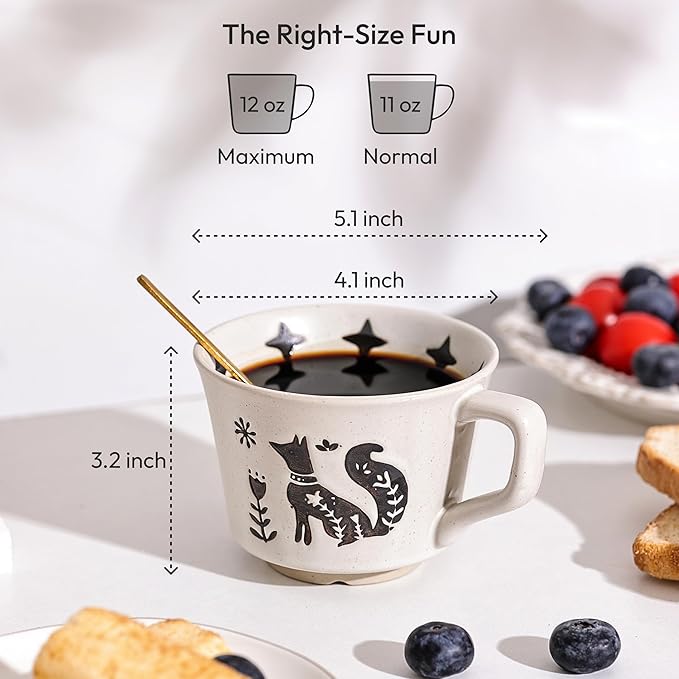 Ceramic Coffee Mug, 12 oz Novelty Unique Teacup with Handle, Stoneware Cup for Tea Mocha Latte Cappuccino Espresso (Set of 4, Fox and Bear)