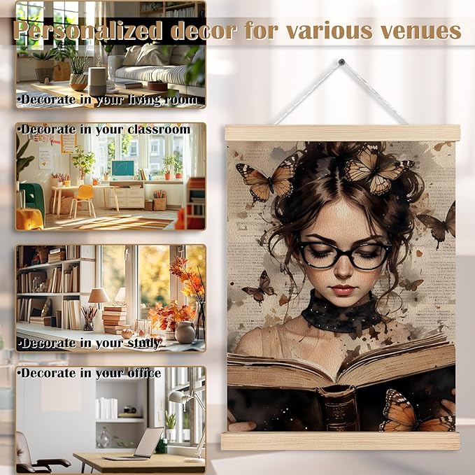 Vintage Butterfly Woman Book Canvas Wall Art Poster, Reading Nook Corner Decor, Dark Academia Feminine Wall Decor Prints for Library Reading Room Classroom Home, 12x16 Inches