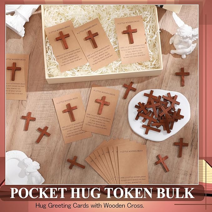 Bucherry 60 Set Pocket Hug Token Bulk Hug Greeting Cards with Mini Wooden Cross Greeting Cards Keepsake Exchange Card Relationship Gift for Friends Colleagues Family Christians Church Gifts (Brown)