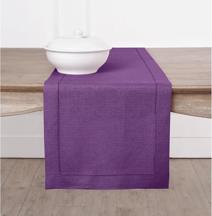 Solino Home Linen Purple Table Runner 132 Inches Long - 100% Pure Linen Extra Long Table Runner 14 x 132 Inch for Valentines, Spring, Easter - Classic Hemstitch