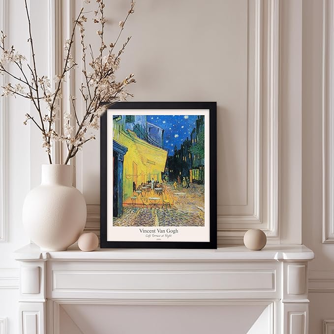 Monem Art Vintage Van Gogh Poster - Retro Cafe Terrace at Night Print - Impressionism Art - Fine Art - Classic Painting Art - Aesthetic Living Room or Bedroom Wall Decor - 11x14 Black Framed