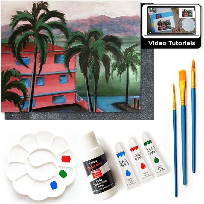 Painting4Real DIY Art Painting Kit for Adults – Learn to Paint Beach Village with Video Tutorials – 9 Pieces Acrylic Paint Set for Adults –Perfect Christmas Crafts & Holiday Gifts for Art Lovers