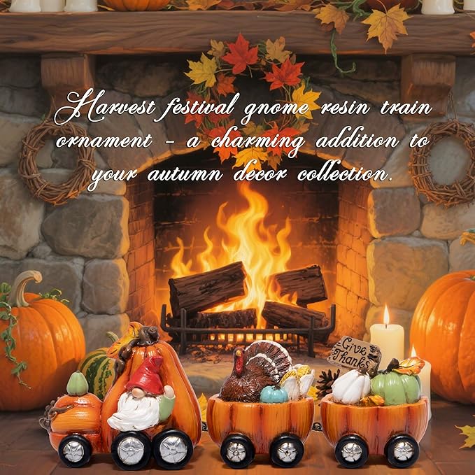 Hodao Thanksgiving Decor Indoor, Fall Resin Pumpkin Train Figurine with Gnome & Turkey, Cute Autumn Harvest Tabletop Decoration for Home, Perfect Fall Gift for Family Friends