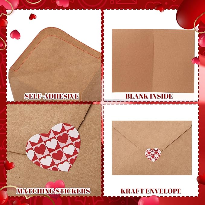 240 Sets Valentine's Day Cards with Envelopes Stickers Bulk Assortment Foldable Love Heart Greeting Cards Red Pink Envelopes for Valentine's Day Anniversary Wedding(Classic)