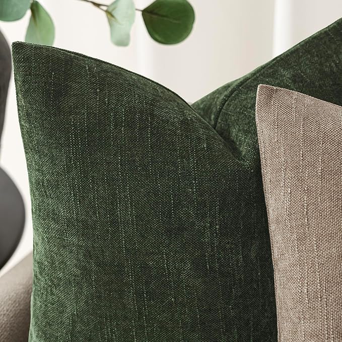 Foindtower Pack of 2 Soft Textured Chenille Throw Decorative Pillow Covers Lumbar Accent Solid Cushion Cover Cozy Farmhouse Pillow Case with Zipper for Couch Sofa Bed Living Room 12x24 Inch,Dark Green