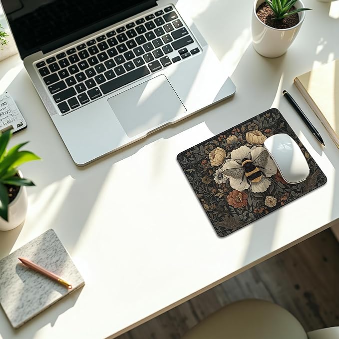 Vintage Moody Floral Bee Mouse Pad, Dark Contemporary Botanical Bumblebee Mouse Pads for Desk Dorm Home Office Computers Laptop, 9.5x7.9 Inch,J091-YZ-SBD