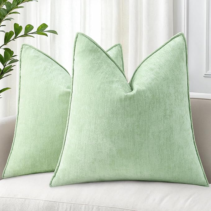 decorUhome Spring Couch Throw Pillow Covers 20x20 Set of 2, Decorative Soft Velvet Neutral Chenille Pillow Covers with Elegant Design for Sofa Bed Living Room Home Decor, Sage Green