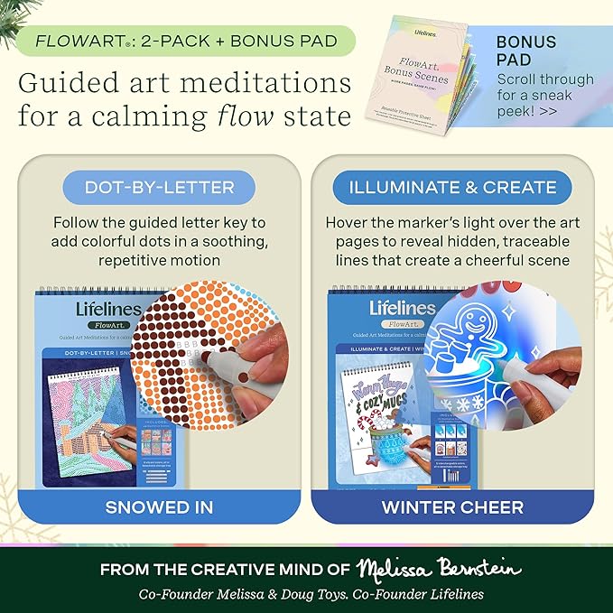 Lifelines FlowArt Activity Pad, 2-Pack Winter Set + Bonus Pad - Guided Art Meditations with Markers – Dot-by-Letter & Illuminate & Create - Coloring Books for Tweens, Adults & Seniors