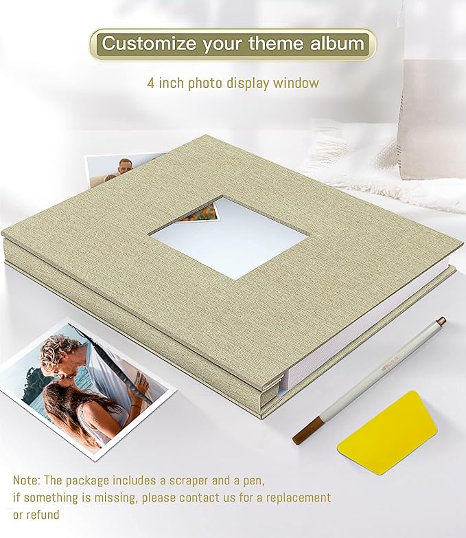popotop Photo Album Self Adhesive with Picture Display Window,60 Pages DIY Scrapbooking Supplies Kit for 4x6 8x10 Picture,Linen Cover Memory Book for Baby Wedding, with Scraper and Metallic Pen