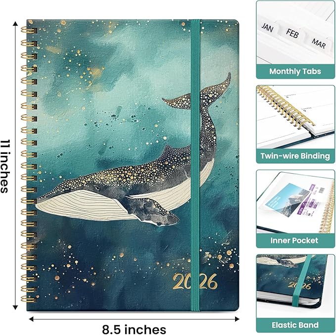 2026 Planner, Monthly and Weekly Calendar Planner for Women, Jan 2026 - Dec 2026, Hardcover Pretty 2026 Agenda Planner Book with Tabs, Spiral Bound, Perfect for School Office Home Supplies, 8.5" x 11" - Whale Dreams