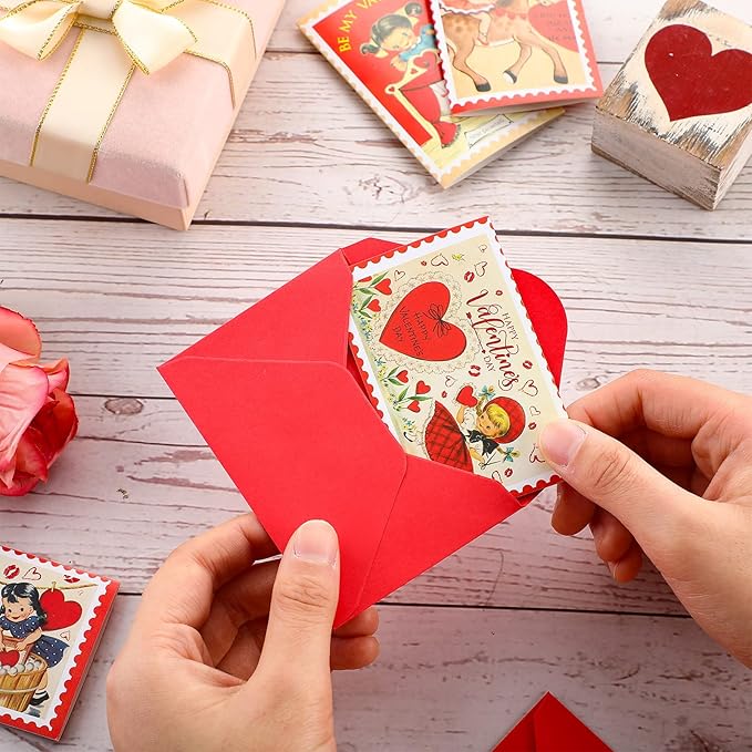 Eaasty 48 Sets Mini Vintage Valentines Day Cards with Envelopes Cute Valentine's Day Greeting Cards Assortment Retro Couple Love Postcards for Adults Lovers Boyfriend Girlfriend (Cute)