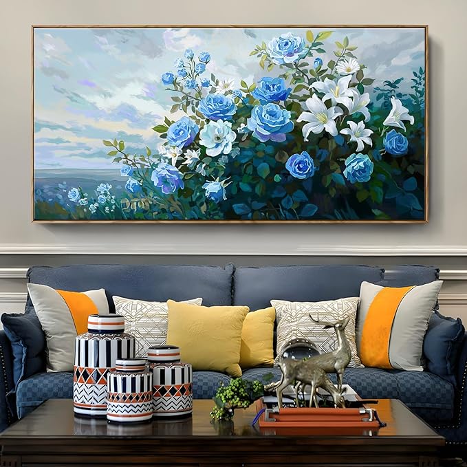Framed Extra Large Botanical Wall Art – Blue and White Flower Canvas Painting for Living Room Bedroom – Rustic Wood Frame Floral Décor 58x29 Inch