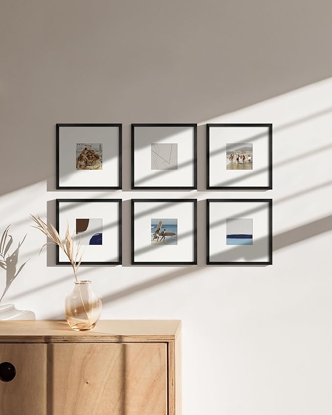 HAUS AND HUES 8x8 Black Metal Picture Frames Matted to 4x4 - Features Premium Aluminum & Hanging Hardware, Shatterproof Plexiglass - Ideal for Home, Room, Office (8x8 in, Black, Set of 6)