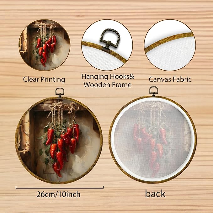 Hiuwevt Vintage Kitchen Round Wall Art Decor, Farmhouse Country Chili Framed Canvas Prints, Retro Rustic Chilis Round Wall Hanging Decor for Kitchen Dining Room Decorations, 10x10 Inches