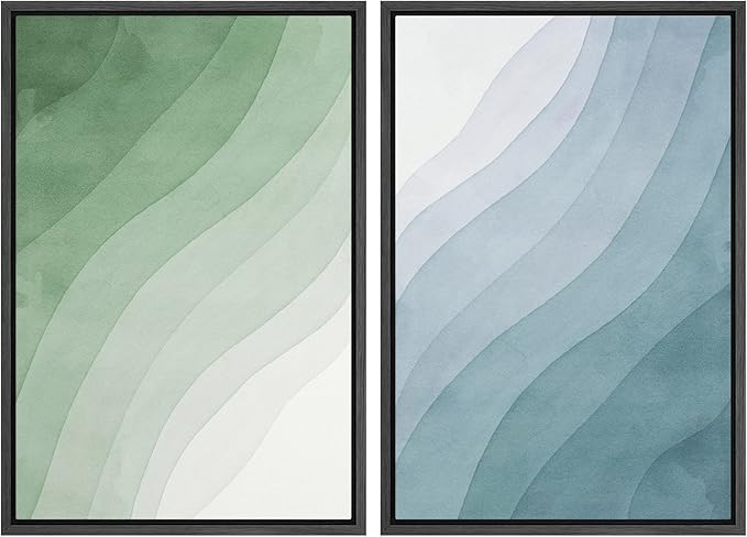 SIGNWIN Framed Canvas Print Wall Art Set Pastel Watercolor Green Blue Wave Collage Abstract Shapes Illustrations Modern Art Minimal Boho Colorful for Living Room, Bedroom, Office - 16"x24"x2 Black