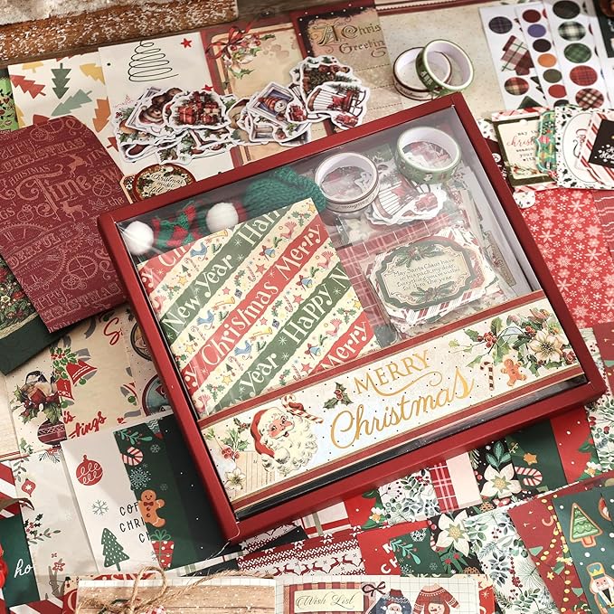 Christmas Scrapbooking Supplies Kit, Aesthetic New Year Festival Scrapbook Kits for Bullet Junk Journal, Stationery, Notebook, DIY Cute Journaling Supplies, Craft Christma Gift for Teen Girl Kid Women