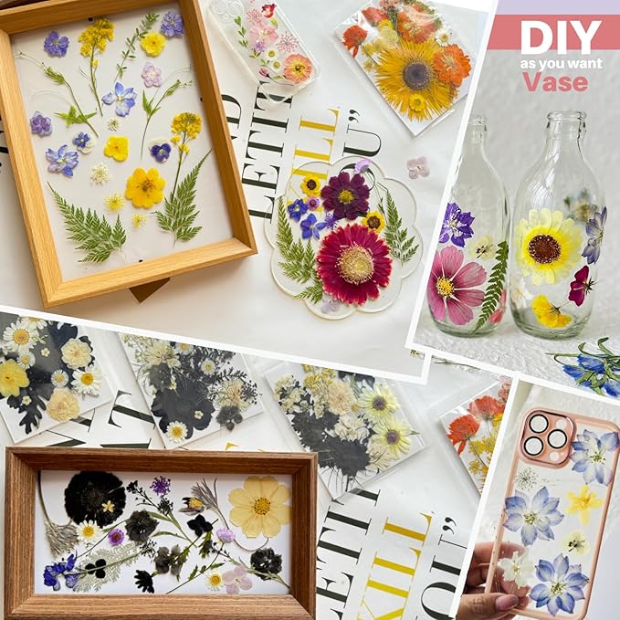 65Pcs Pressed Flowers for Resin Real Bulk Dried Flowers Leaves for Mold Scrapbooking DIY Art Crafts, Epoxy Resin Jewelry Molds, Candle, Soap Making (Pink, Purple, Yellow)
