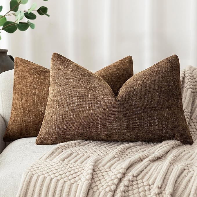 Foindtower Set of 2 Textured Chenille Throw Decorative Pillow Covers Square Accent Solid Cushion Cover Neutral Farmhouse Lumbar Pillow Case for Couch Sofa Bedroom Living Room 12x24 Inch,Dark Bronze
