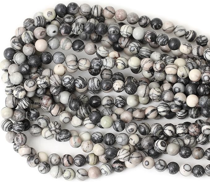 45PCS 8mm Natural Black Network Zebra Stone Round Loose Beads for Jewelry Making DIY Bracelet Necklace Materials 1 Strand 15"