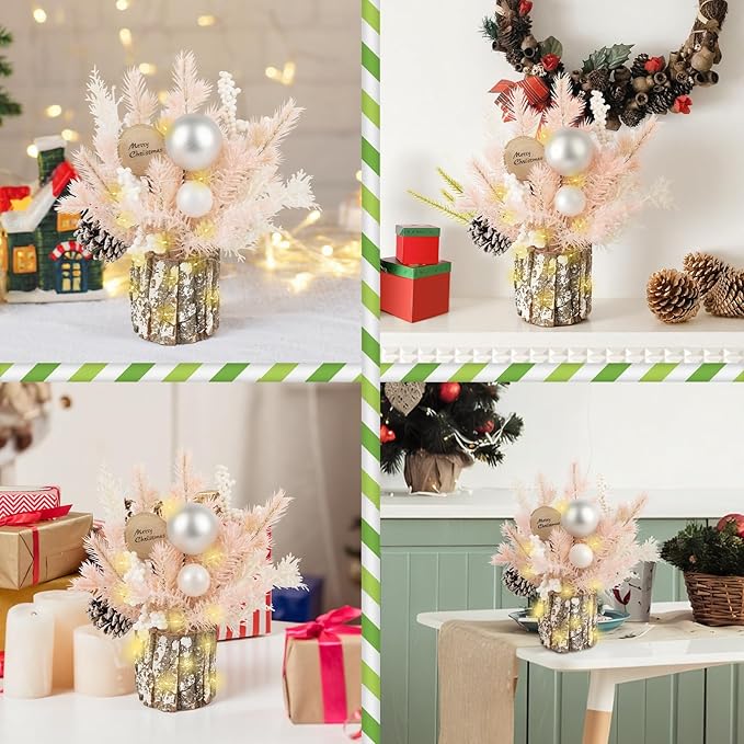 Small Table Top Christmas Tree with Lights, Mini Christmas Tree Decorations with Merry Christmas Pine Cones Berries Balls Ornaments for Home Party Centerpiece Indoor Decorations, 12Inch, Pink