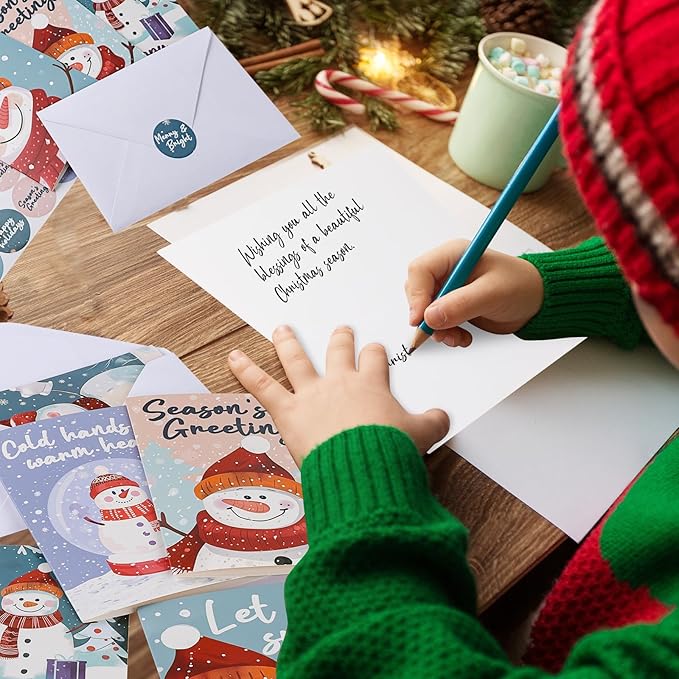 NESCCI 24 PCS Snowman Cards,Holiday Cards With Envelopes and Stickers,4x6 Inches,6 Different Designs of Snowman Greeting Cards,Cute Snowman Greetings, Kids Holiday Card