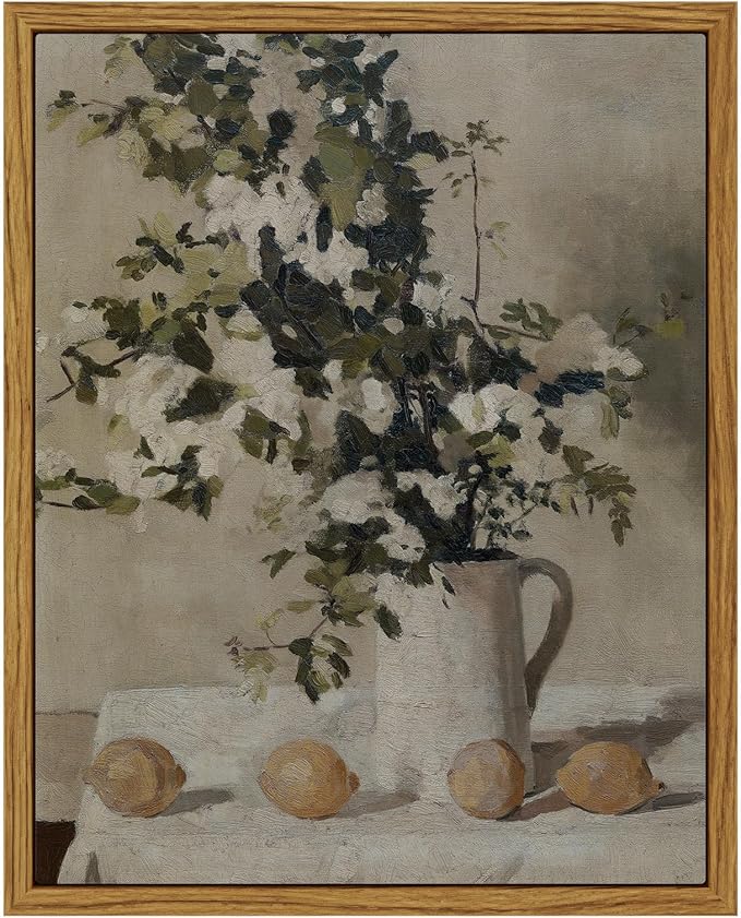 VIYYIEA Vintage Wall Art Kitchen Decor, Flowers and Lemons Pictures Painting Botanical Pictures, Framed Canvas Prints, Retro Farmhouse Decor for Dining Room Bathroom, 8"x10"