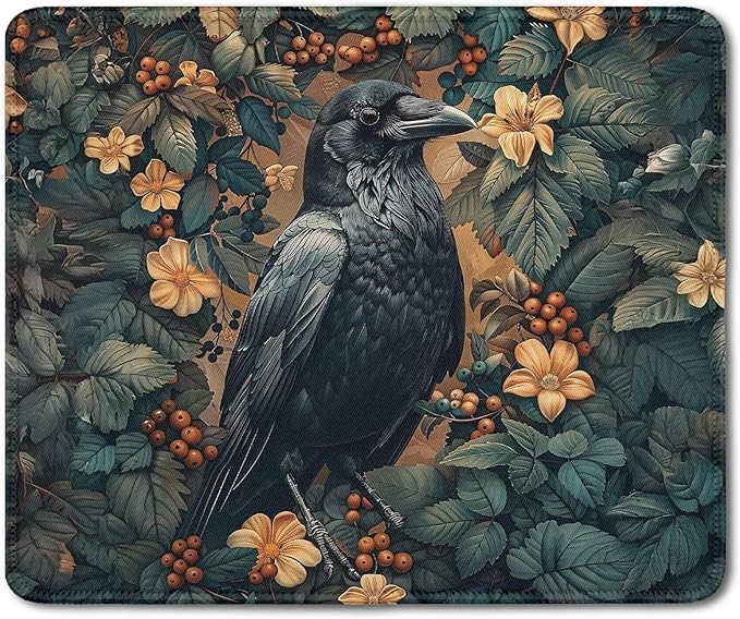 Vintage Moody Raven Mouse Pad, Dark Contemporary Botanical Crow Bird Mouse Pads Mousepad for Desk Home Office Dorm Computers Laptop, Gothic Nature Office Supplies Desk Accessories, 9.5x7.9 Inch