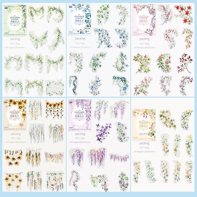 Flower Scrapbooking Stickers,120pcs PET Stickers,Colour Floral Waterproof Decals Stickers for Scrapbooking Supplies,Junk Journal,Bullet Journals. (Climbing Vine Flowers)