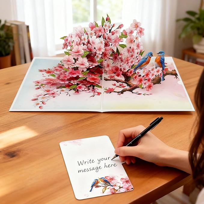 Cherry Blossom Flower Greeting Cards Pop Up 3D Gift for Happy Birthday, Anniversary, Thank you, Robin Bird All Occasions Mom Wife Grandma Grand Parent Couples Men Women