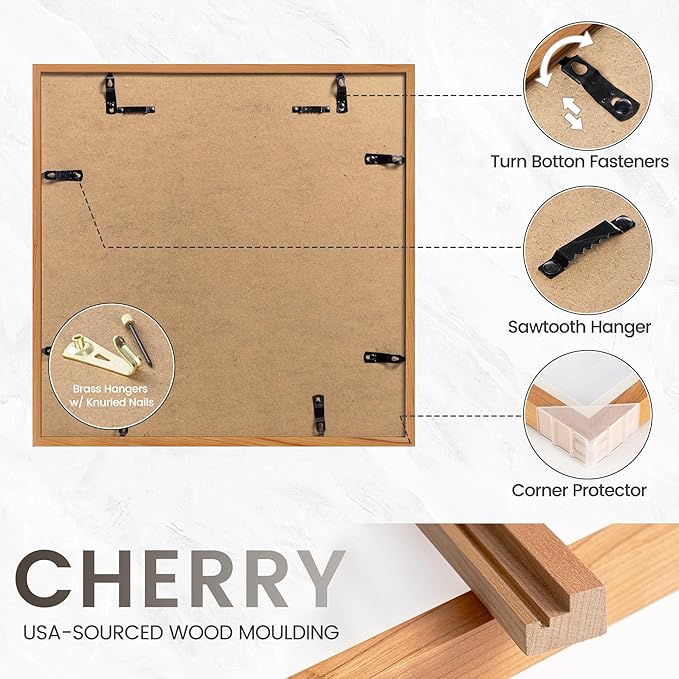 16x16 Picture Frame, USA-Sourced Natural Cherry Wood Photo Collage Frame with HD Tempered Glass, Modern Simple 16 x 16 Wooden Frame Matted to 12x12, Gallery Wall Frames for Art