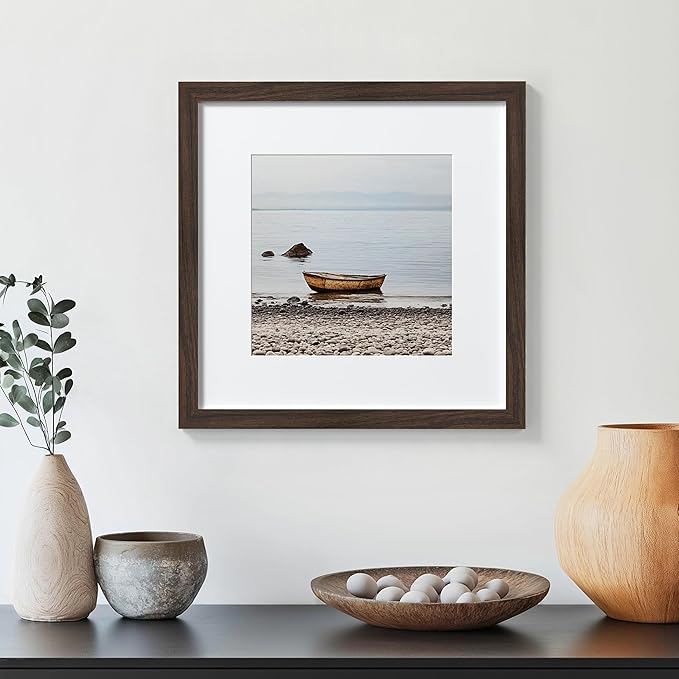 eletecpro 12x12 Picture Frames Set of 9 with Mat for 8x8 Photos or without Mat for 12x12, Square Gallery Wall Decor Collage for Picture Display, Walnut Brown Frame Set for Wall Hanging
