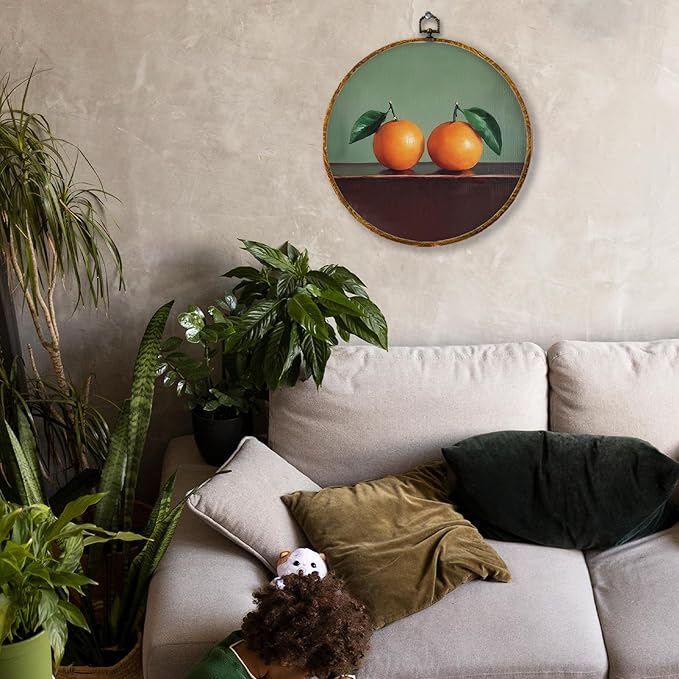 Hiuwevt Vintage Two Oranges Round Wall Art Decor, Retro Citrus Fruits Painting Hanging Canvas Prints Artwork Framed, Mild Green Still Life Circular Wall Decor for Home Living Room, 10x10 Inch