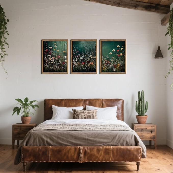 Vintage Wildflower Wall Art Set of 3, Moody Dark Green Flower Botanical Wall Decor Paintings,Nature Floral Farmhouse Landscape Posters Prints Pictures for Living Room Bedroom 16x24 Inch Wood Framed