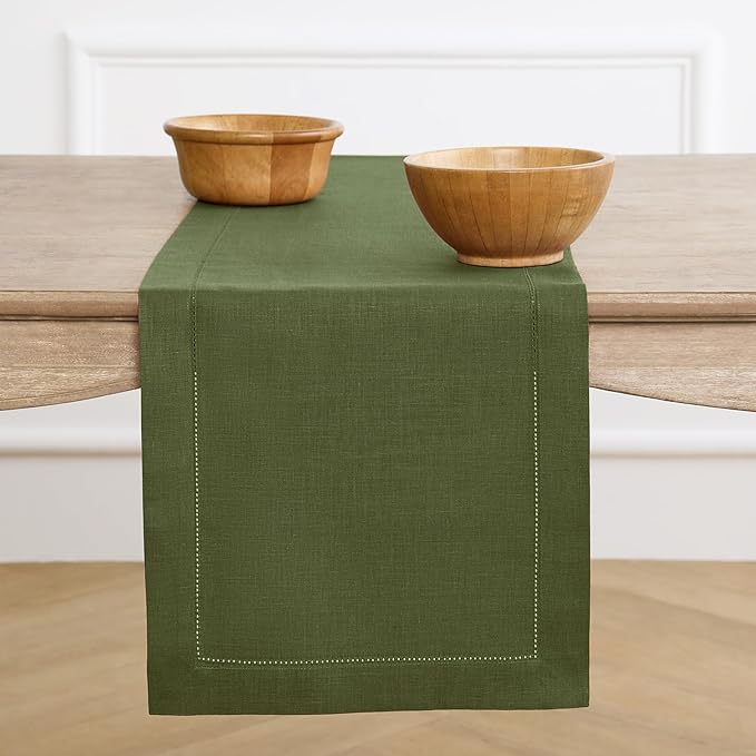 Solino Home Linen Table Runner 48 Inches - 100% Pure Linen Olive Hemstitch Table Runner 14 x 48 Inch Ideal for Dresser and Coffee Tables - Classic Hemstitch - St Patricks Day