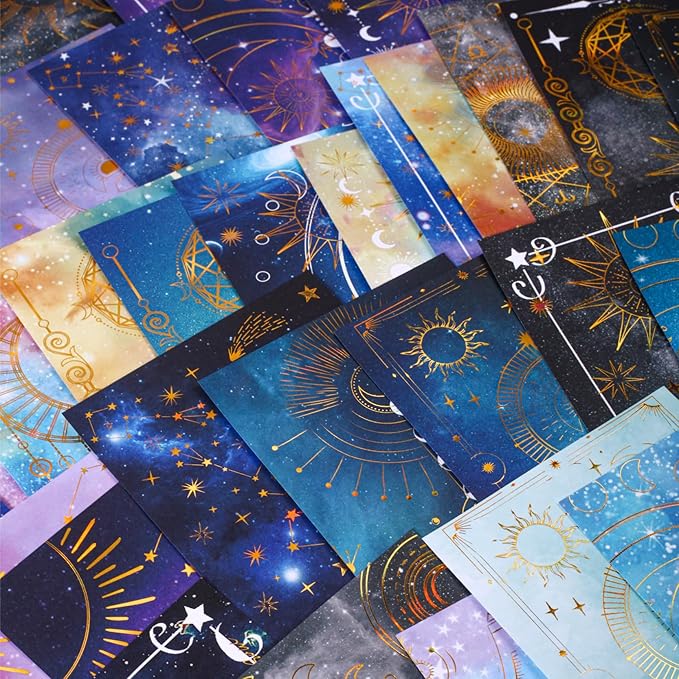 60 Sheets Celestial Gold Foil Astrology Scrapbook Paper – Aesthetic Moon Star Constellation Zodiac Decorative Paper for Art Decoupage, Journaling, Crafting