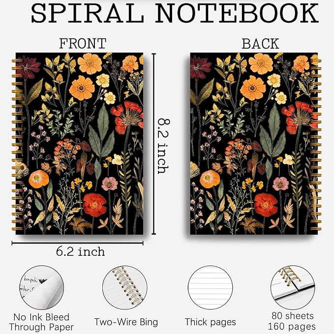 Vintage Boho Floral Botanical Notebook Journal, Watercolor Wildflower Dark Floral Notebooks for Women, Plant Journal, Aesthetic Notebooks, Spiral Notebook Journal 5.5x8.3 Inch