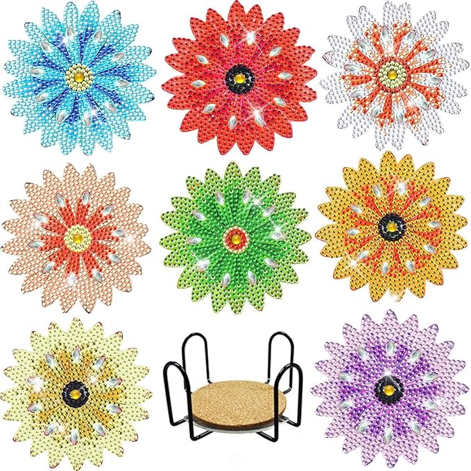 AzsVbvs 8 Pieces Diamond Painting Coasters Kit with Holder, Diamond Art Coasters, DIY Art Crafts Projects, Diamond Dot Kits for Adults and Beginners (Flowers)