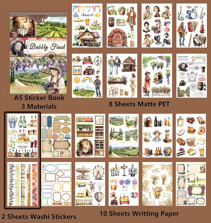 Bubble Feast Scrapbook Stickers, 20 Sheets Journaling Sticker, Junk Journal Supplies, Pre-Cut Aesthetic Scrapbooking for Adults, Decorative Ephemera Bullet Planner DIY Arts Craft Collage