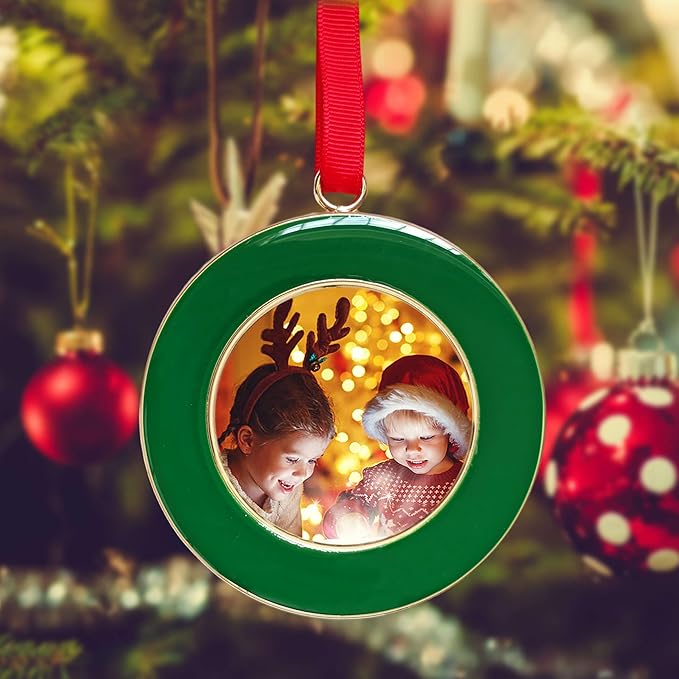 Christmas Picture Frame Ornaments - Set of 4 Green 2.5x2.5 Inch Mini Frames with Red Ribbon, Metal Photo Frames for Christmas Tree Decorations, Holiday Gift for Family & Friends