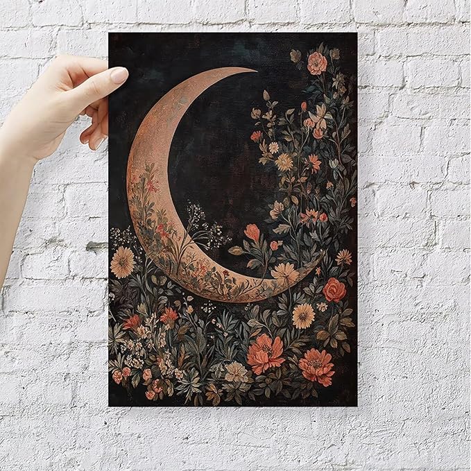 Crescent Moon Floral Canvas Poster Modern Trendy Lunar Wall Art Vintage Dark Celestial Painting Prints Whimsical Botanical Aesthetic Home Decor for Bedroom Living Room 20x30inch Unframed