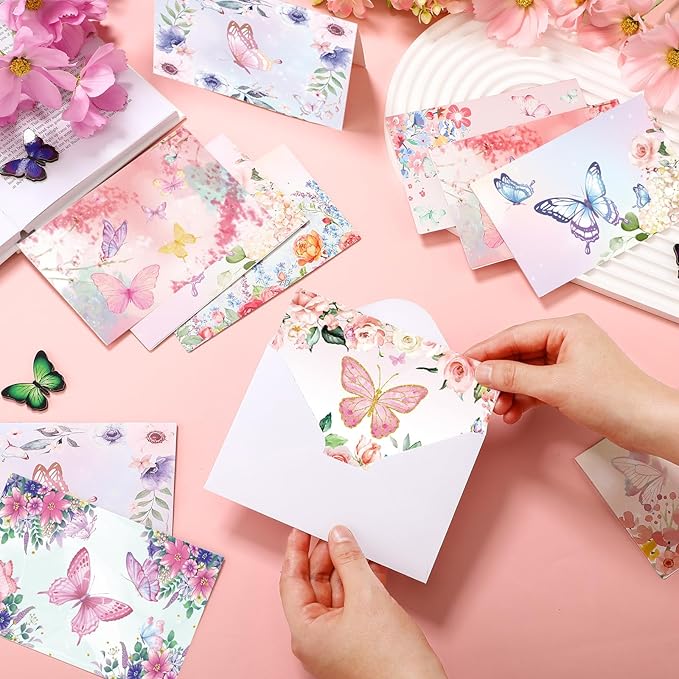 100 Pcs Butterfly Cards with Envelopes 4x6, Blank Note Cards and Envelopes Ideal Stationary Set for Spring Summer Easter, Assorted Butterfly Designs