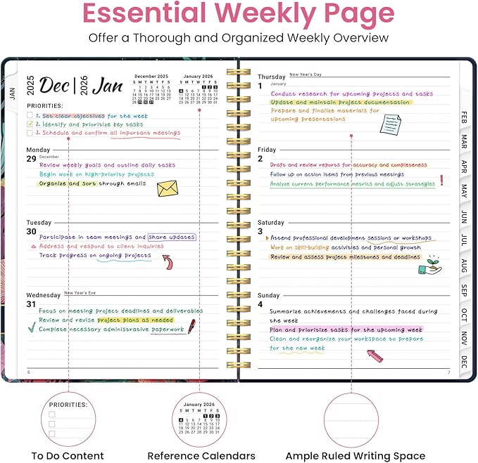 2026 Planner, Weekly and Monthly Planner for Women, January 2026 to December 2026, Pretty Hardcover 2026 Calendar Planner Book with Tabs, Inner Pocket, Spiral Bound, Perfect Office Home School Supplies - 8.5" x 11", Jellyfish