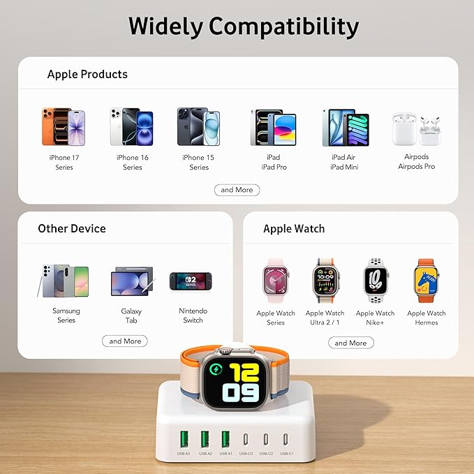 125W USB C Fast Charger Charging Station Block for Apple Watch Charger, USB C 6 Port PD GaN Fast Charger Hub Power Adapter for iPad iPhone 17 16 15 14 13 Apple Watch 10 9 8 7 6 5 Galaxy S23 Note 20