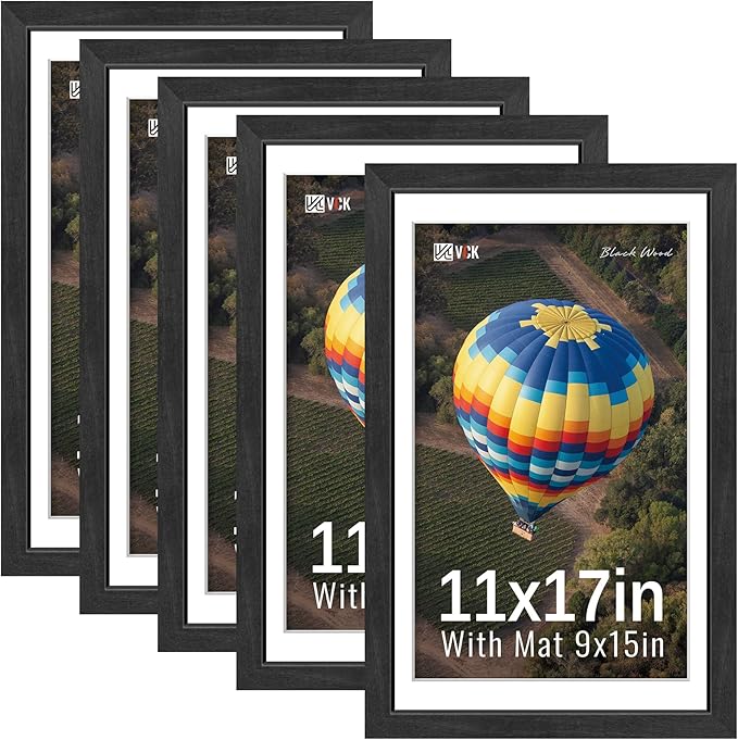 VCK 11x17 Picture Frames Black Set of 5, Wide Border Wood, Tempered Glass, Display 9x15 Photo with Mat or 11 x 17 without, for Home, Office, Gallery, Woodgrain Series, Wall Hanging